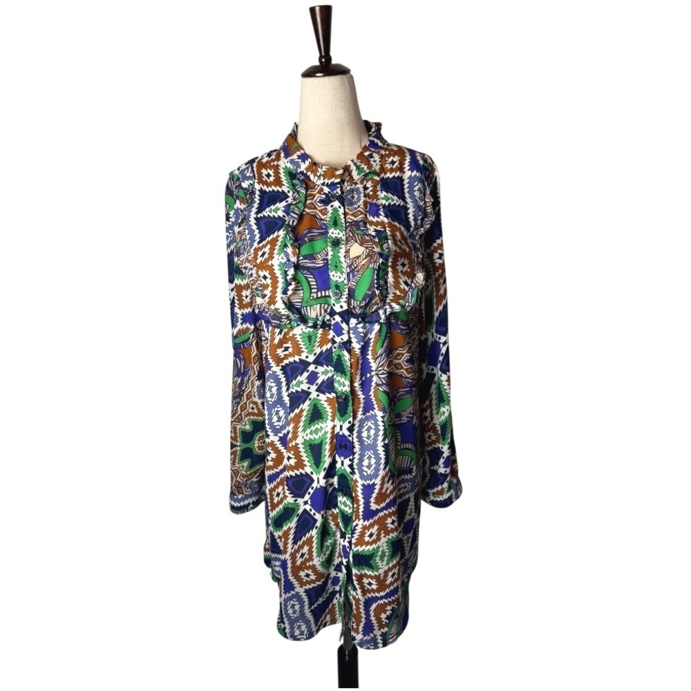 Joy Joy Dress Women Medium Blue Green Abstract‎ Long Sleeve Ruffle Neck Mini